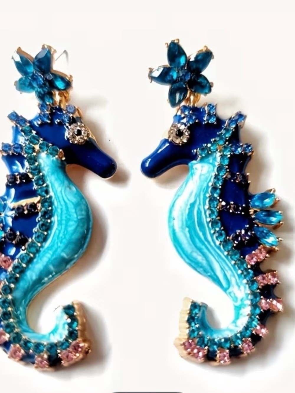 Blue Crystal Seahorse Statement Earrings